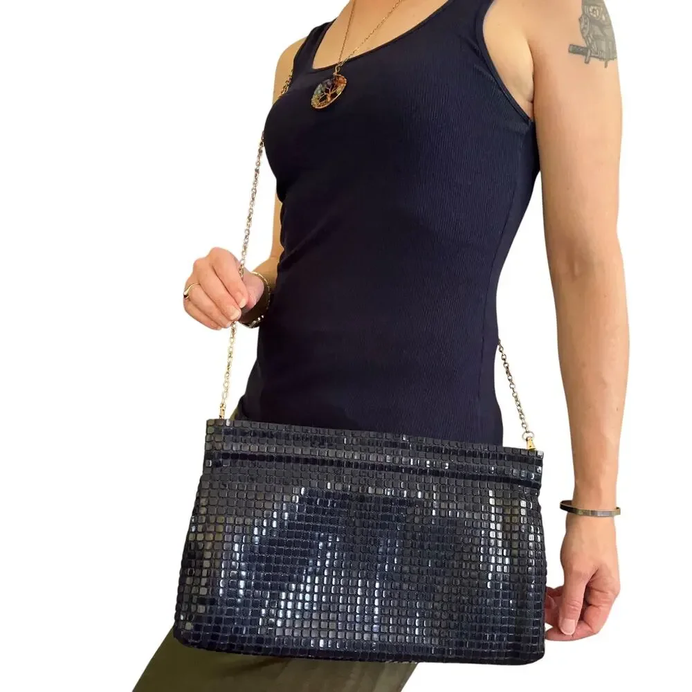 Vintage Lumured Navy Blue Luma Mesh Crossbody Clutch Frame Handbag Evening Bag
